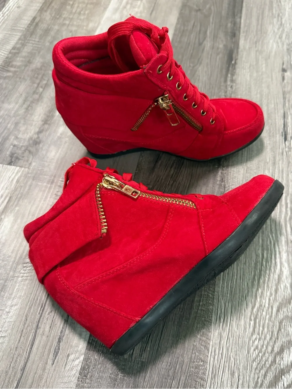 Red Wedge Sneaker Boots with Gold Zipper - Picture 1 of 10